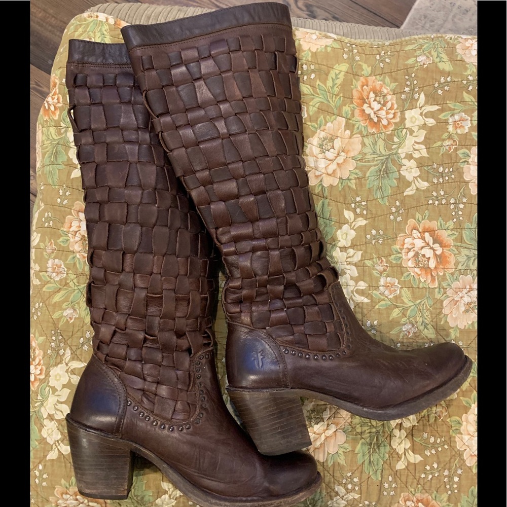 Frye Carmen woven brown knee high boots size 7.5